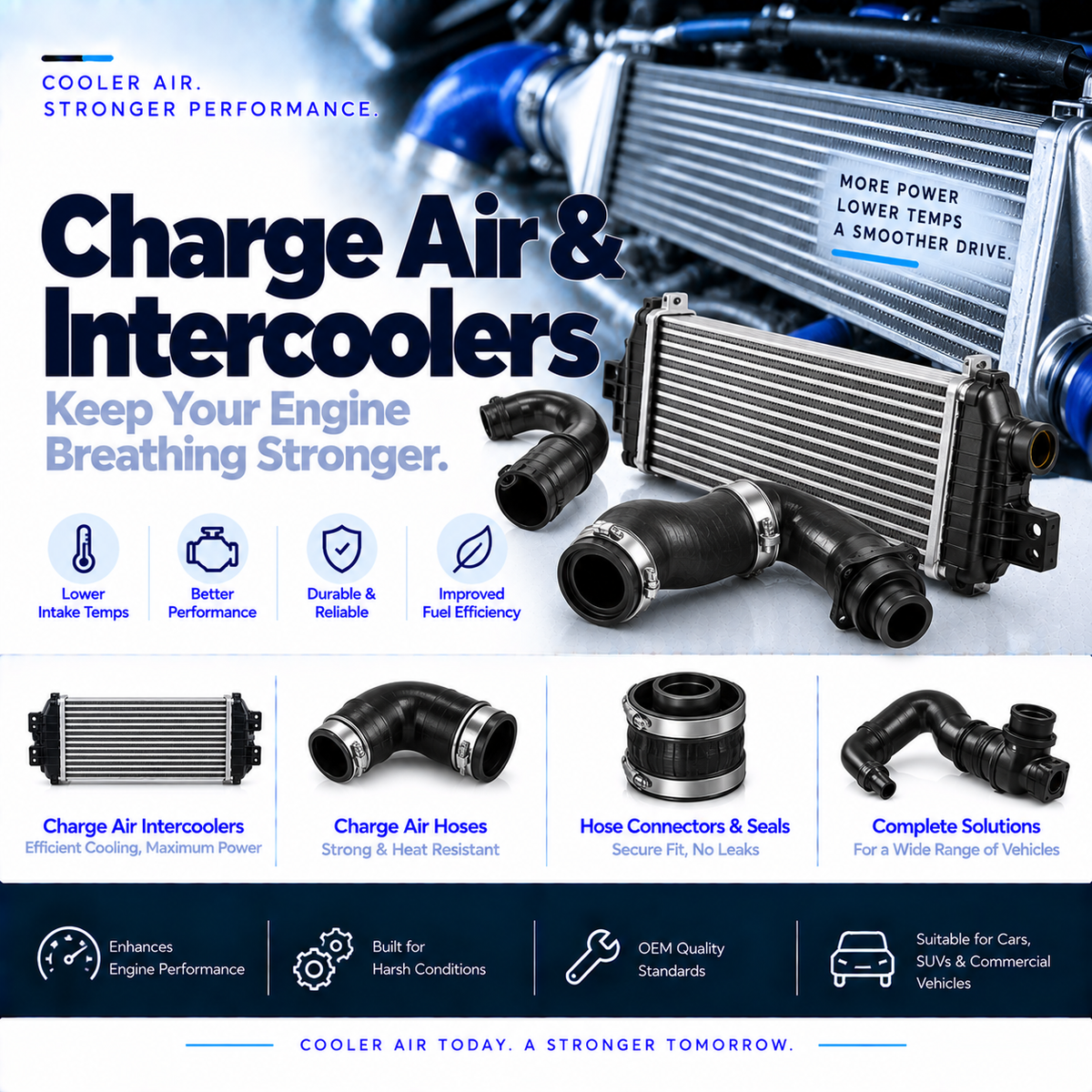 Automotive charge air intercooler and turbocharger hose beside a vehicle engine.