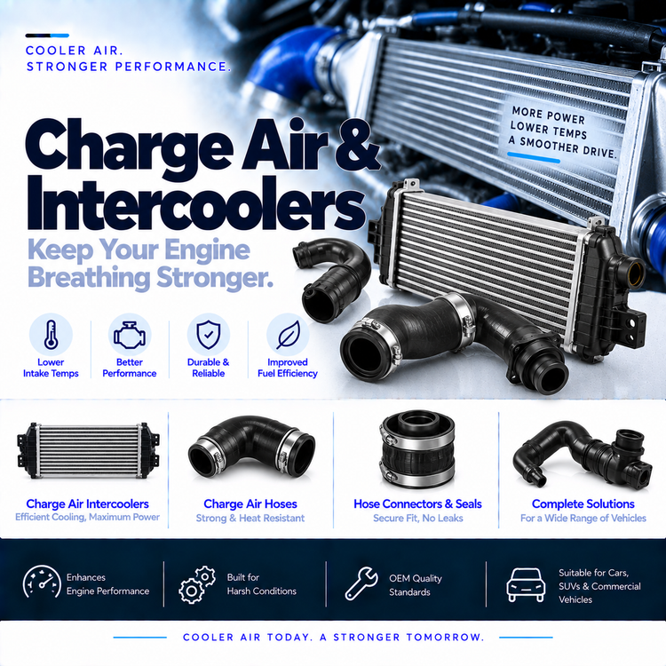 Automotive charge air intercooler and turbocharger hose beside a vehicle engine.