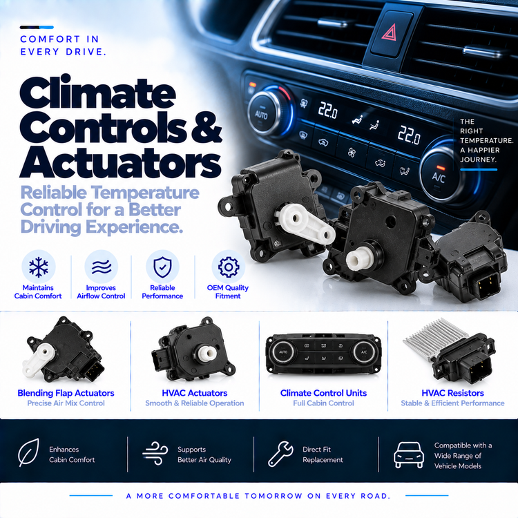 Unbranded automotive HVAC blend door actuator beside a vehicle dashboard ventilation assembly.