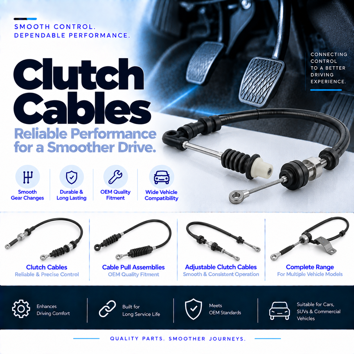 Automotive clutch control cable with metal end fittings beside a vehicle clutch pedal assembly.