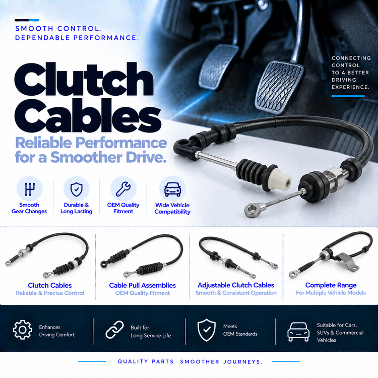 Automotive clutch control cable with metal end fittings beside a vehicle clutch pedal assembly.