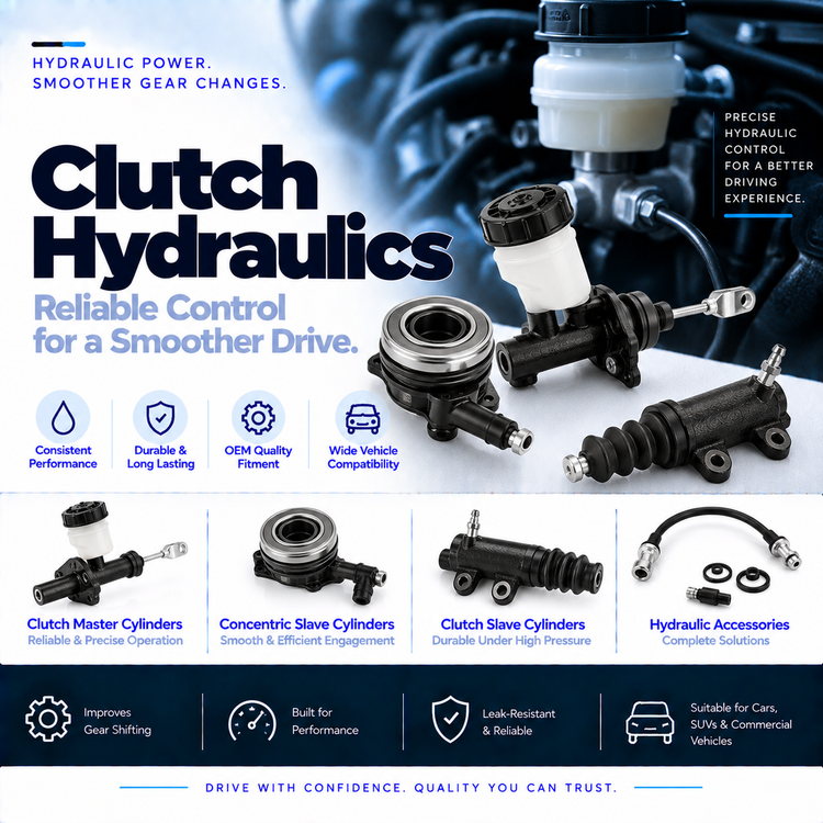 Automotive clutch master cylinder, slave cylinder and concentric slave cylinder with a subtle transmission background.
