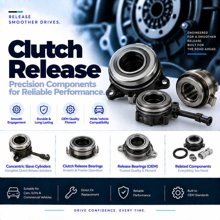 Unbranded automotive clutch release bearing beside a vehicle clutch assembly.