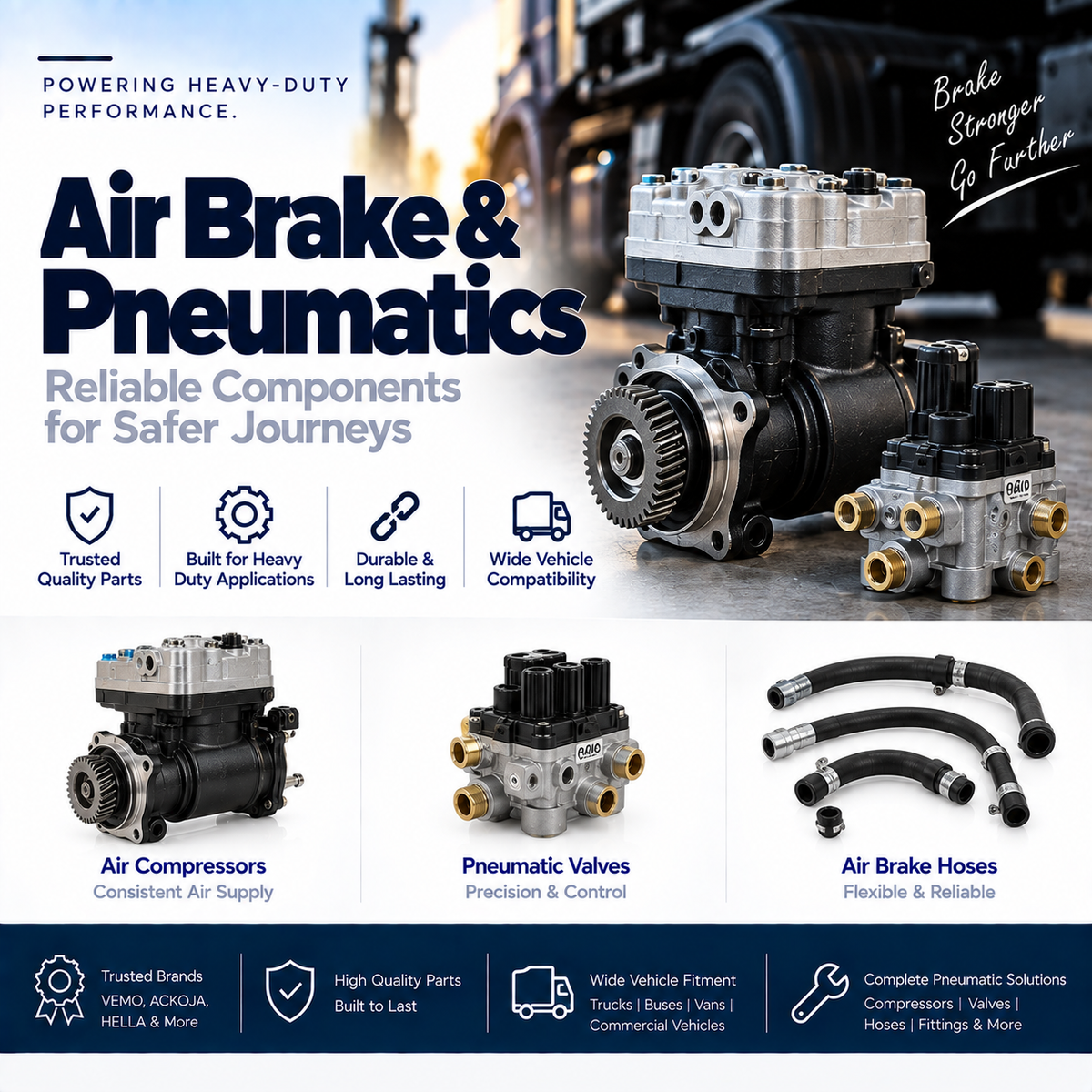 Automotive compressed-air compressor and pneumatic valve beside a vehicle showing their application.