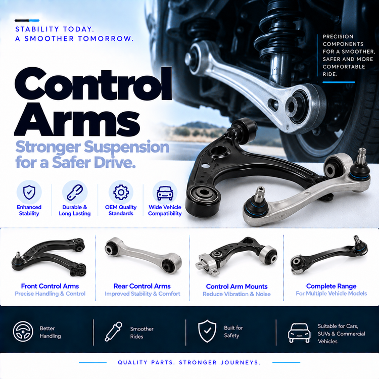 Unbranded automotive suspension control arms with rubber bushes and ball joint.