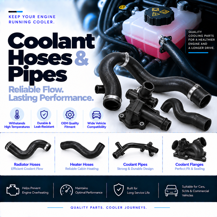 Unbranded automotive radiator hoses, coolant pipe and coolant flange with visible connection fittings.