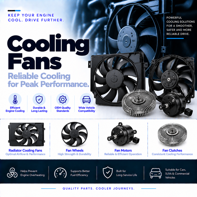 Automotive radiator cooling fan assembly with visible fan blades and electric motor.
