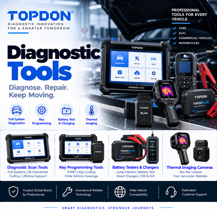 Unbranded automotive diagnostic scanner, OBD connector and battery tester on a workshop bench.