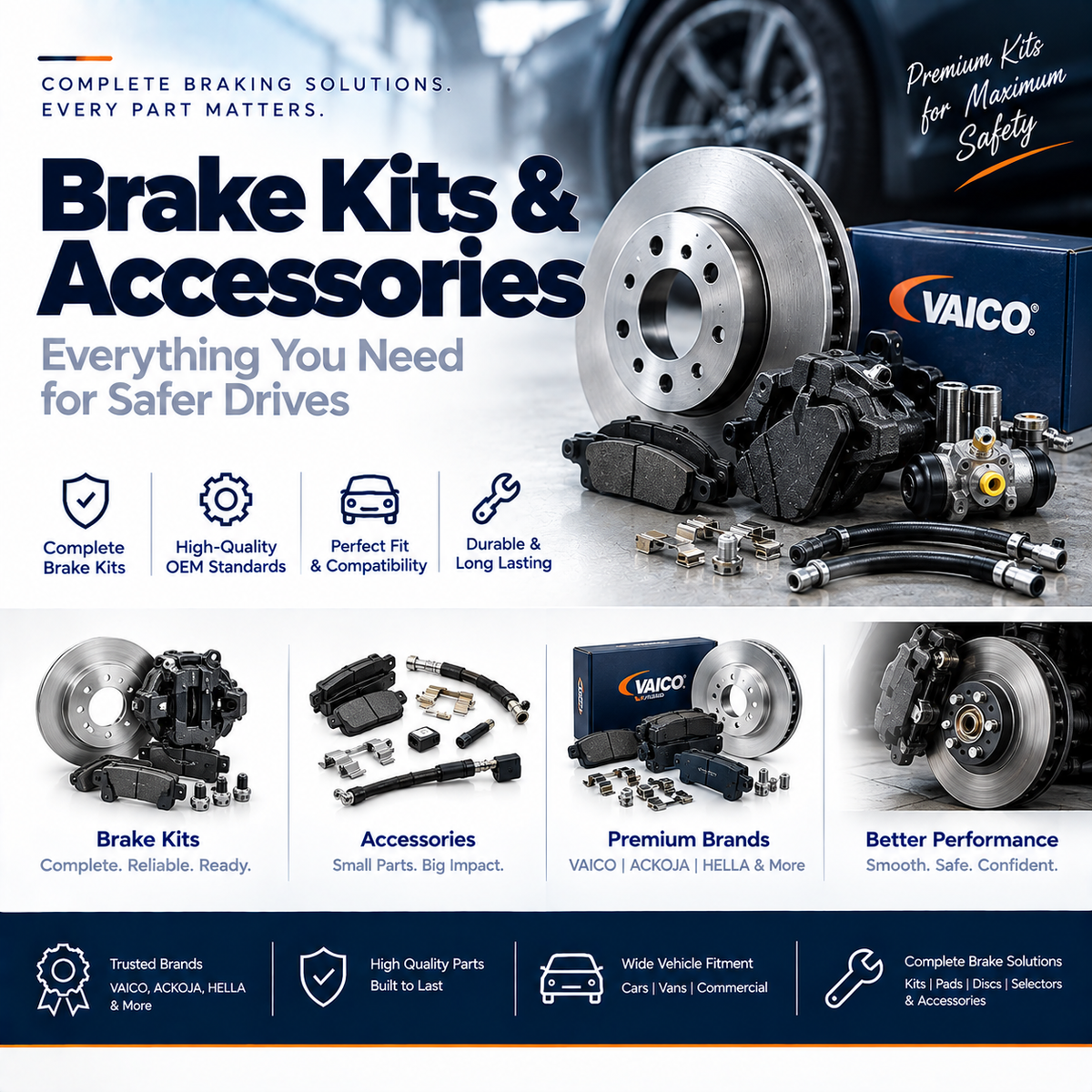 Automotive disc brake kit components displayed beside a vehicle brake assembly.