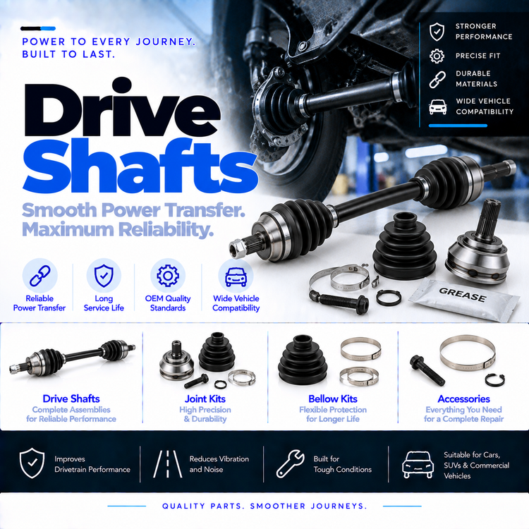 Automotive drive shaft assembly with CV joints, protective boots and a separate CV joint kit.
