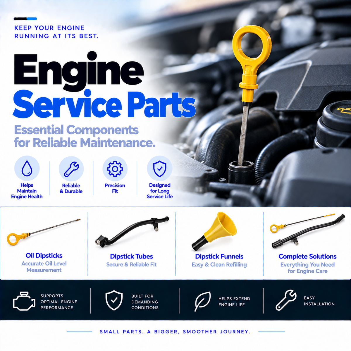 Unbranded automotive engine oil dipstick and dipstick guide tube on a clean background.
