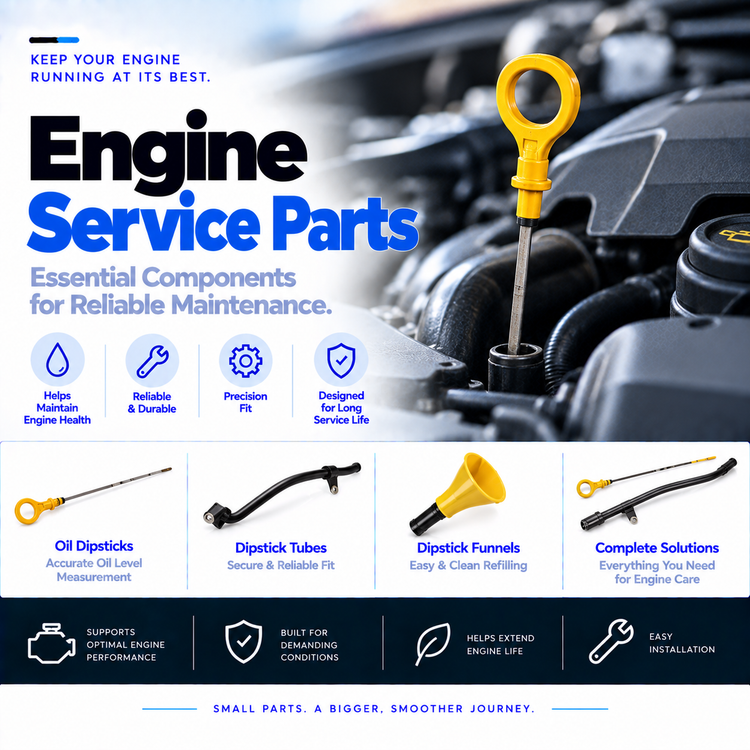 Unbranded automotive engine oil dipstick and dipstick guide tube on a clean background.