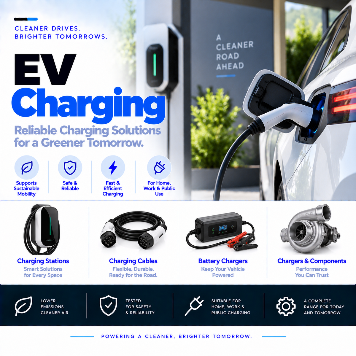 Unbranded electric vehicle charging cable and charging station on a clean automotive background.