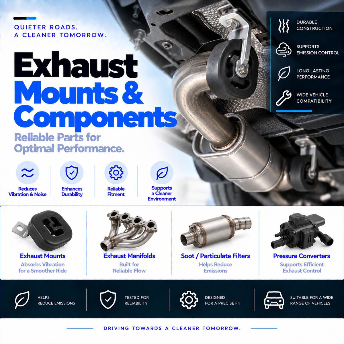 Unbranded automotive exhaust mounting rubber, metal mounting bracket and exhaust pipe connector.