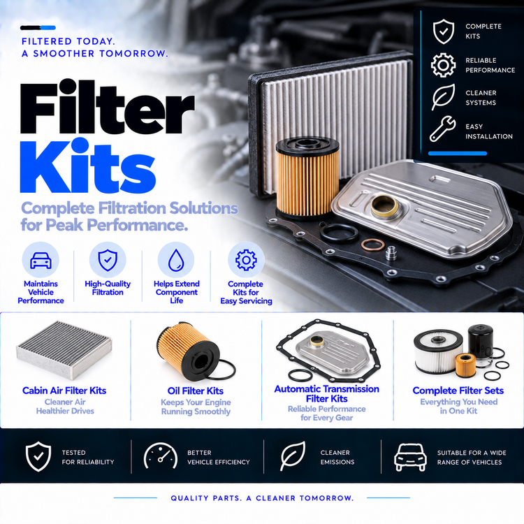 Unbranded automotive transmission filter kit and cabin air filter set on a clean background.