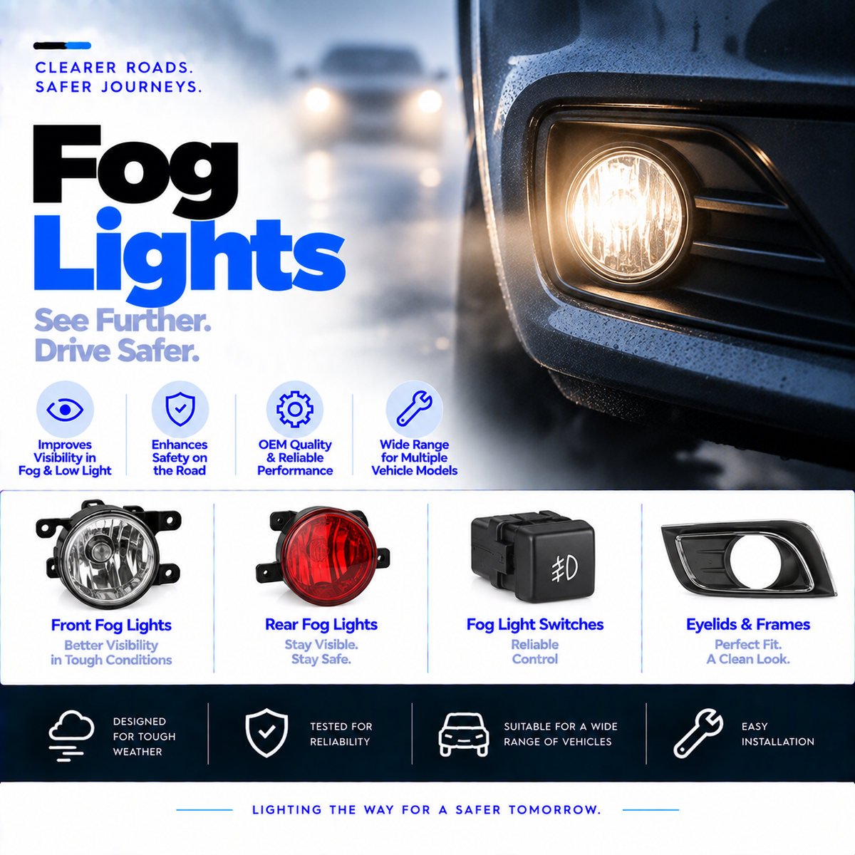 Unbranded automotive front fog light and red rear fog light on a clean blue-white background.