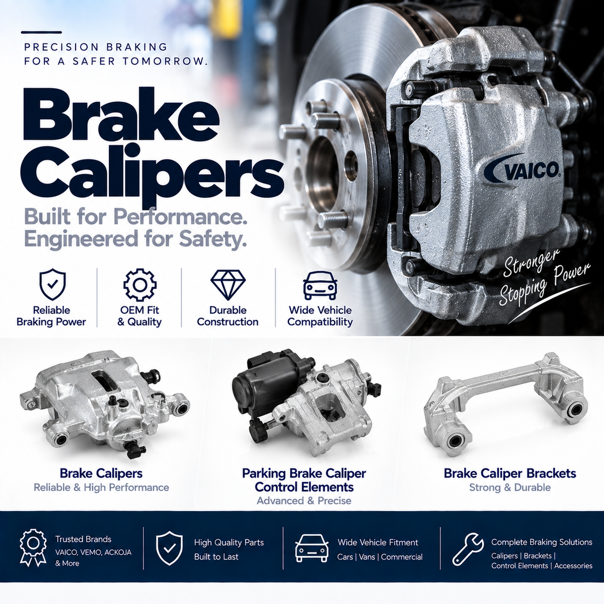 Replacement front and rear brake calipers beside a vehicle brake disc showing their installation position.