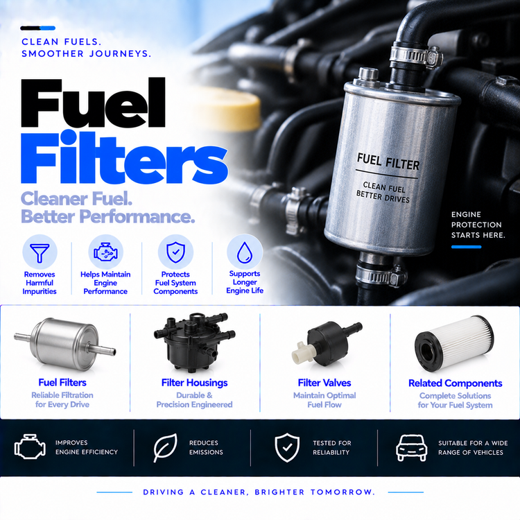 Unbranded automotive fuel filter and fuel filter housing on a clean background.