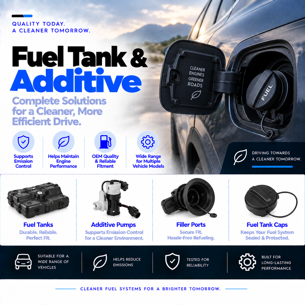 Unbranded automotive fuel tank, fuel filler port and compact additive pump on a clean background.