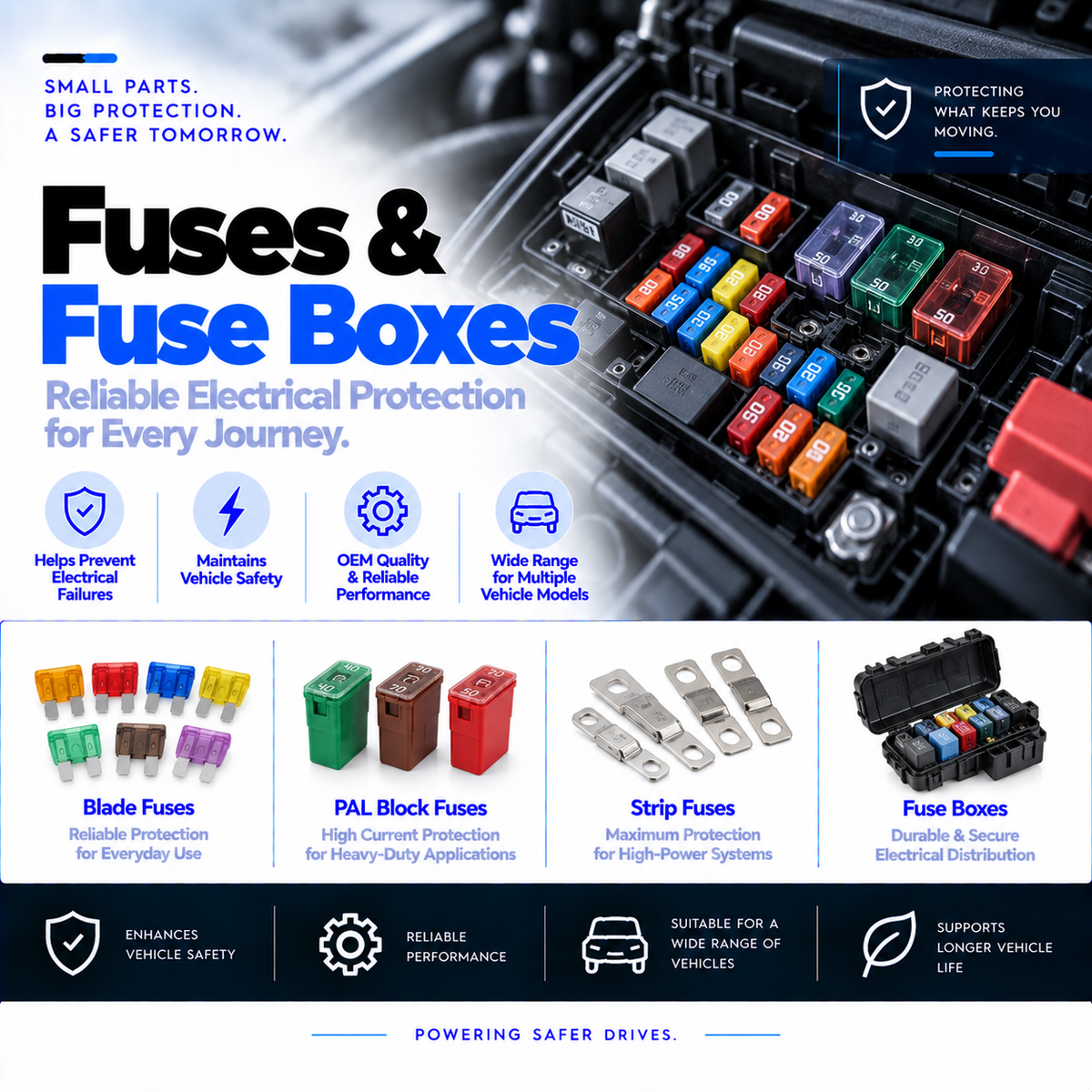 Unbranded automotive blade fuses, high-current fuse and fuse box arranged on a clean background.