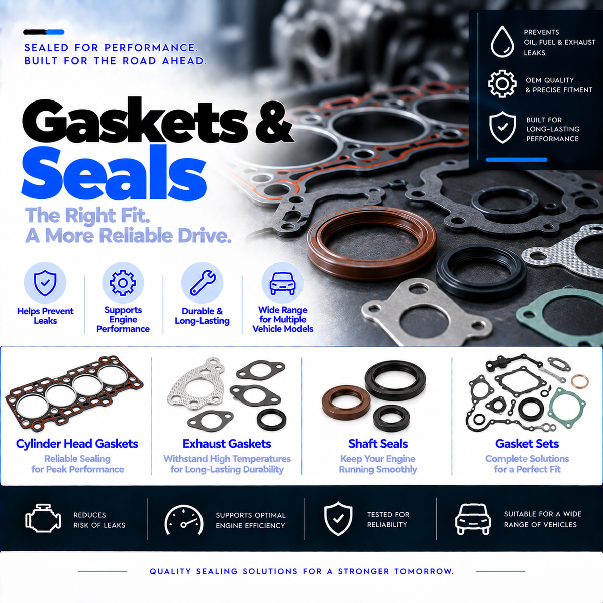 Unbranded automotive engine gasket and circular rubber shaft seals on a clean background.