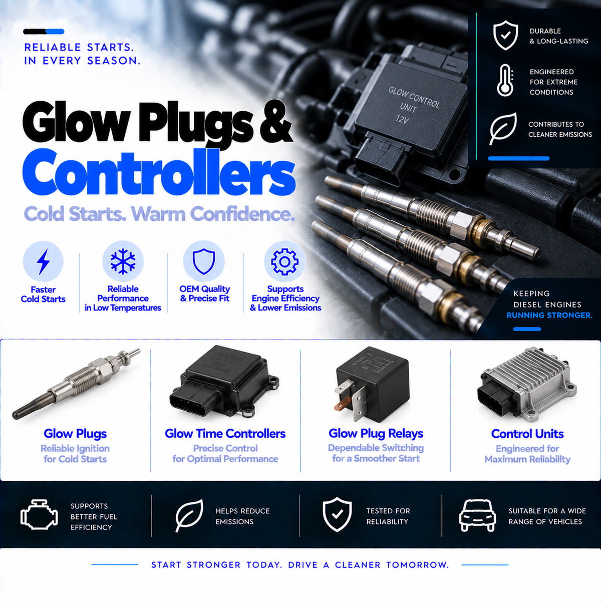 Unbranded diesel glow plugs, glow plug control module and relay on a clean background.
