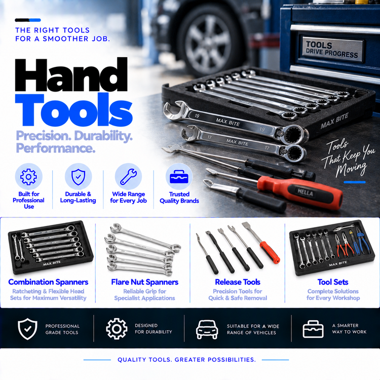 Unbranded automotive combination spanners, ratcheting spanner and metal release tool on a clean background.