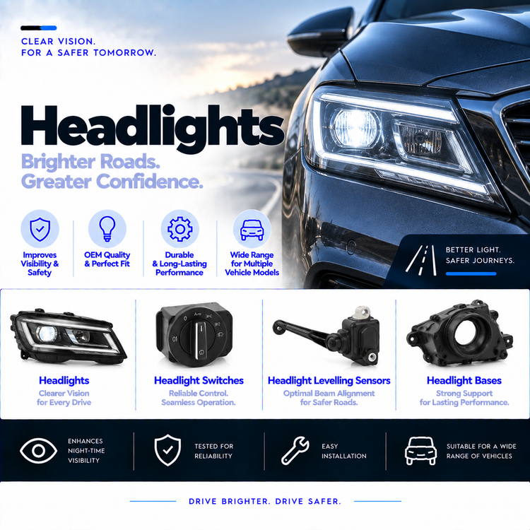 Unbranded automotive LED headlight and halogen headlight assemblies on a clean background.