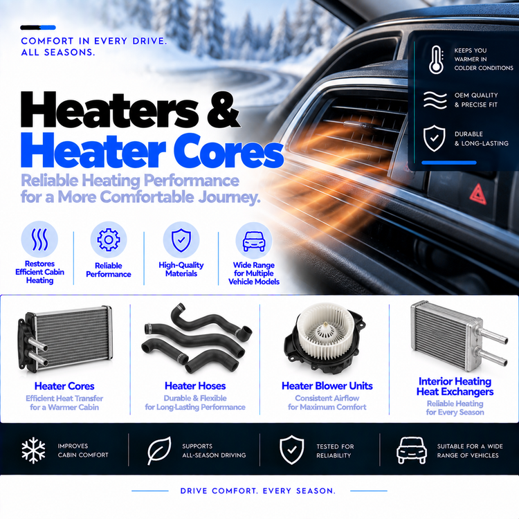 Unbranded automotive heater core, curved coolant heater hose and parking-heater circulation pump on a clean background.