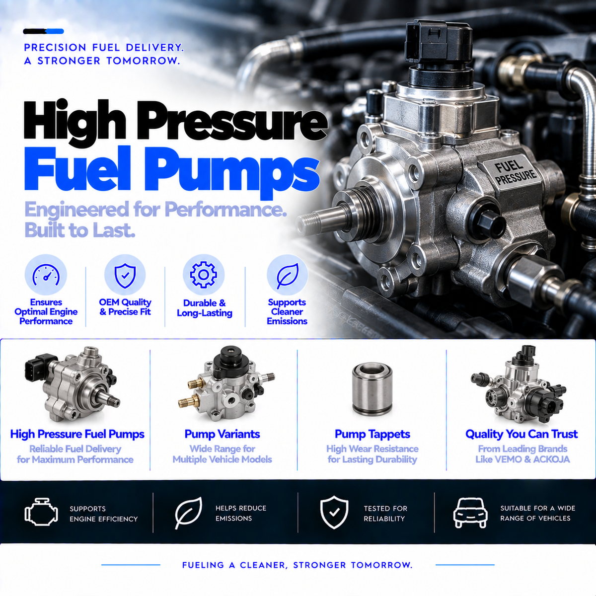 Unbranded automotive high-pressure fuel pump and separate pump tappet on a clean background.