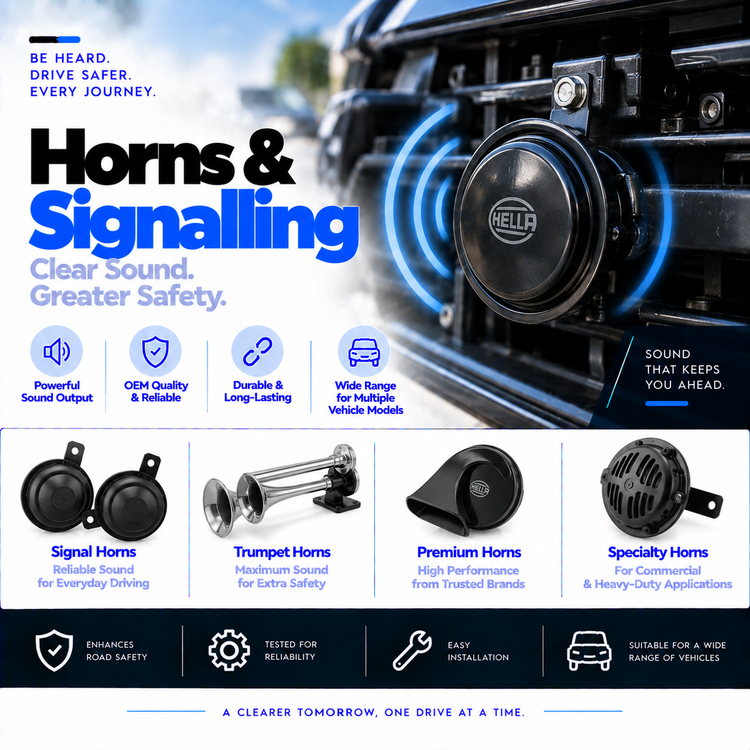 Unbranded automotive signal horn and black trumpet horn on a clean background.