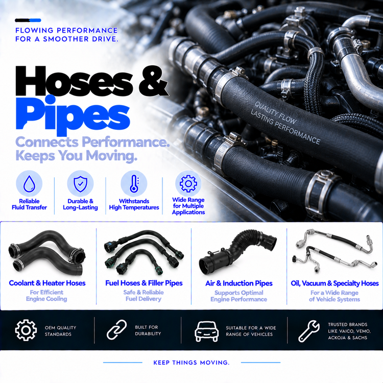 Unbranded automotive rubber hose, hydraulic steering hose and metal fuel pipe on a clean background.
