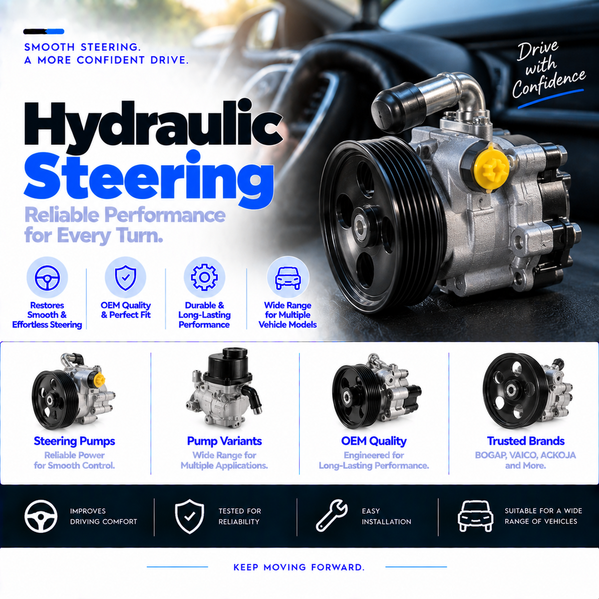Unbranded automotive hydraulic power steering pump with visible pulley and fluid connections.