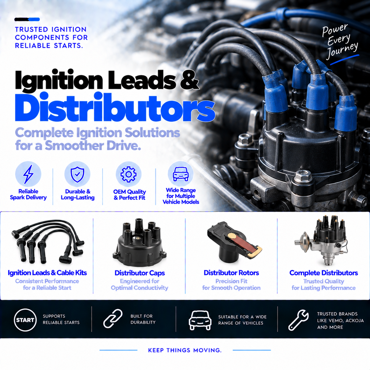 Unbranded automotive ignition leads, distributor cap and distributor rotor on a clean background.
