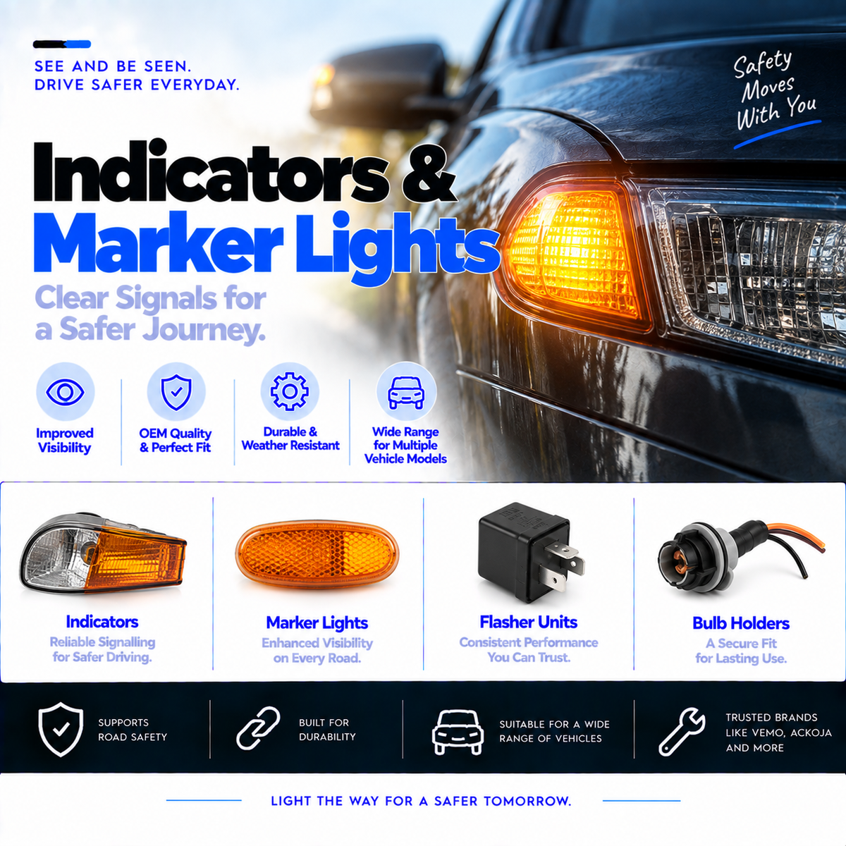 Automotive indicators and side marker lights collection banner with LED and halogen lighting components.
