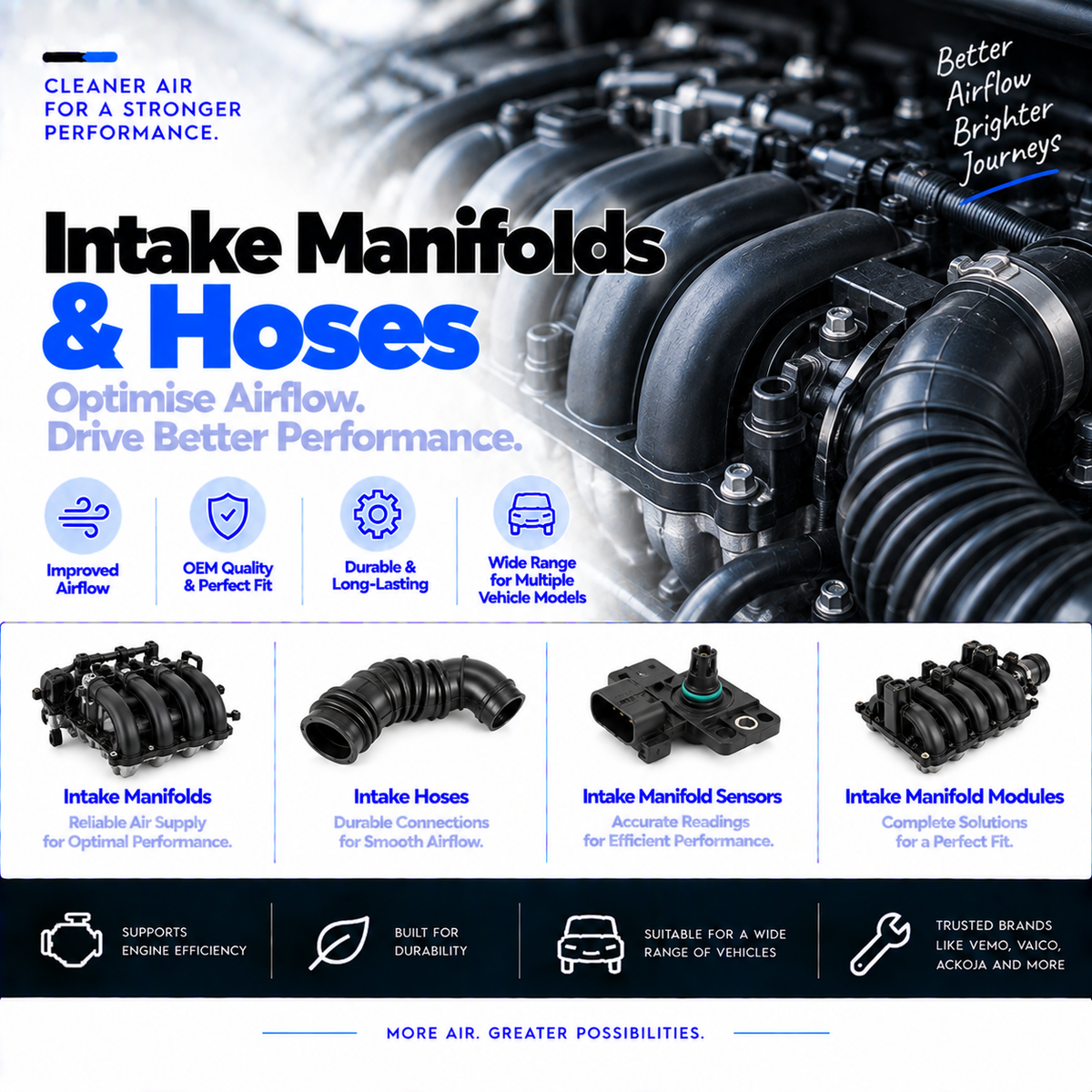 Automotive intake manifolds and air supply hoses collection banner featuring intake components and accessories.