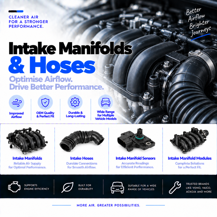 Automotive intake manifolds and air supply hoses collection banner featuring intake components and accessories.