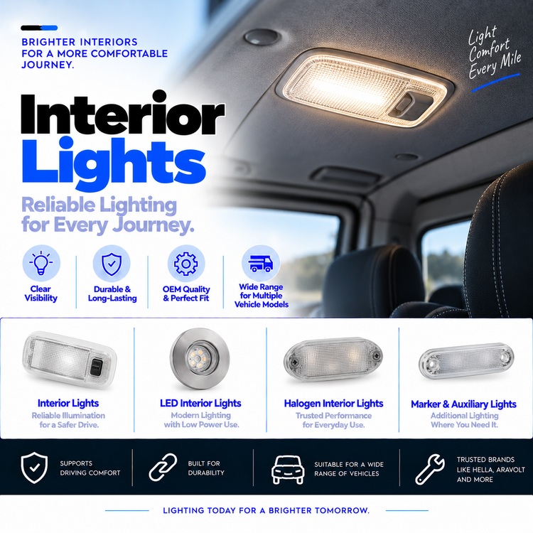 Interior lights collection banner featuring a vehicle cabin and replacement lighting components.