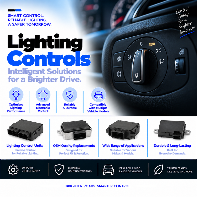 Automotive lighting control modules collection banner featuring an illuminated headlight and electronic control components.