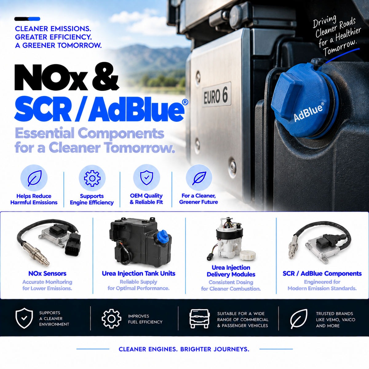 NOx and SCR system collection banner featuring exhaust sensors and urea injection components.