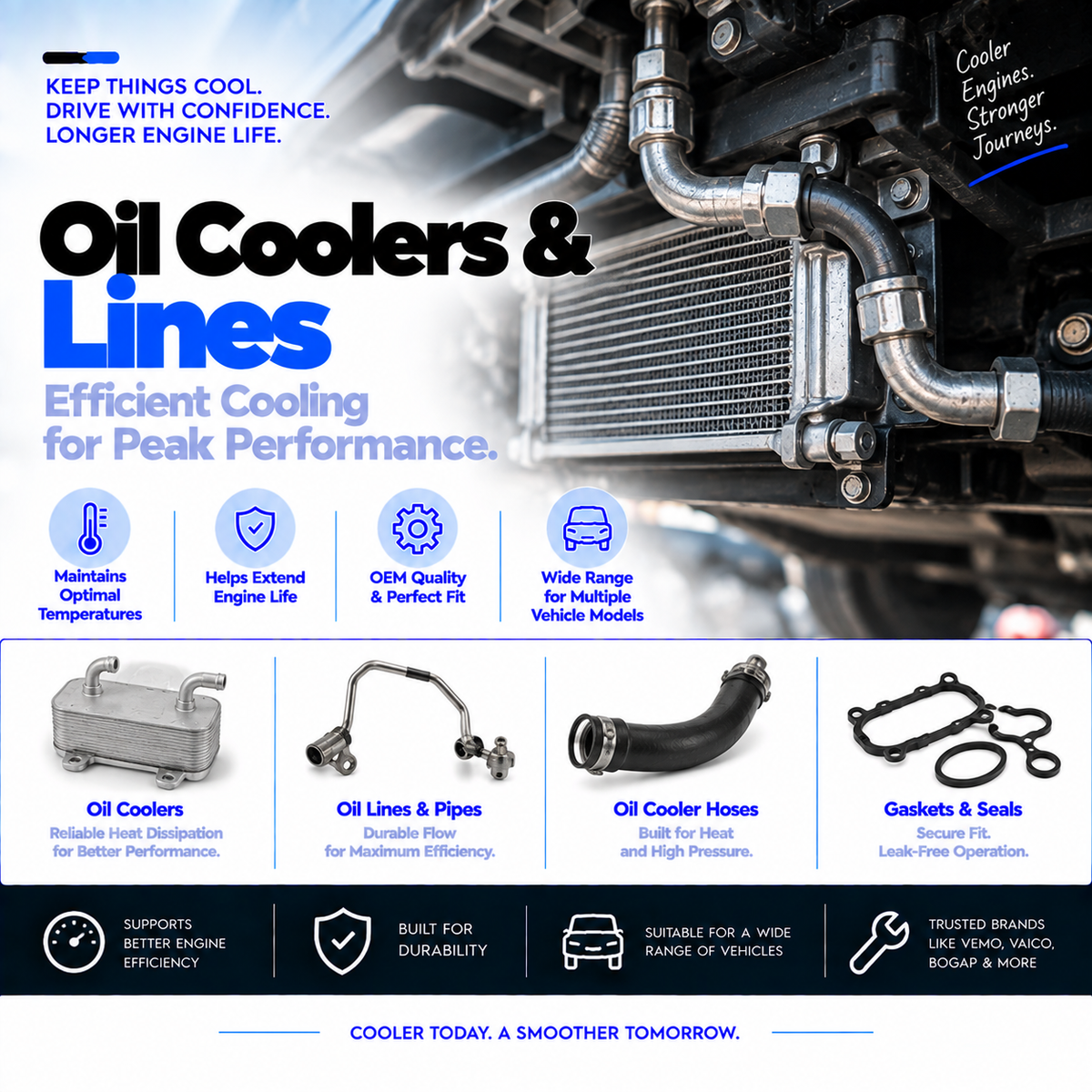 Automotive oil coolers and lines collection banner featuring replacement cooling components.