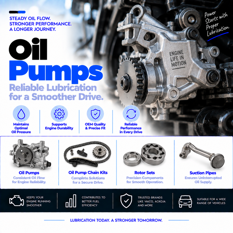 Automotive oil pumps and drive components collection banner featuring an engine oil pump and replacement parts.