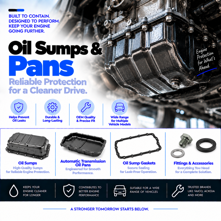 Automotive oil sumps and pans collection banner featuring an engine oil pan and replacement components.