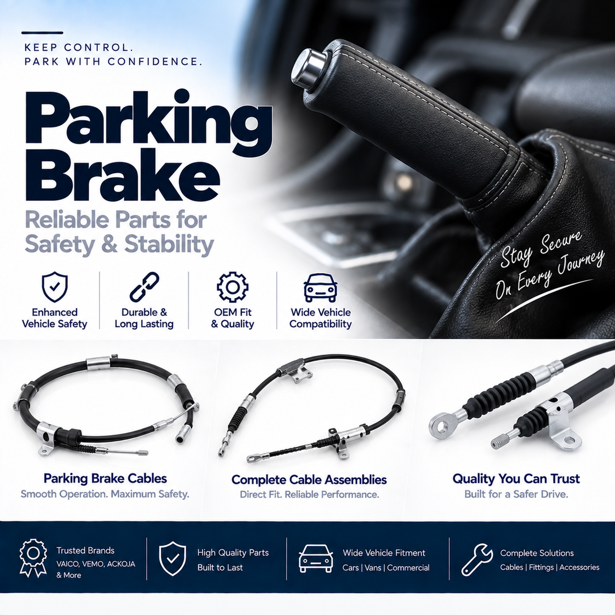 Replacement parking brake cable with metal end fittings beside a vehicle's rear brake assembly.