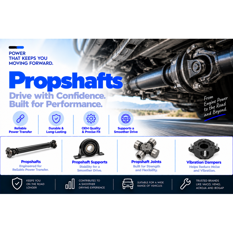 Propshafts collection banner featuring an automotive propeller shaft, joints and support components.