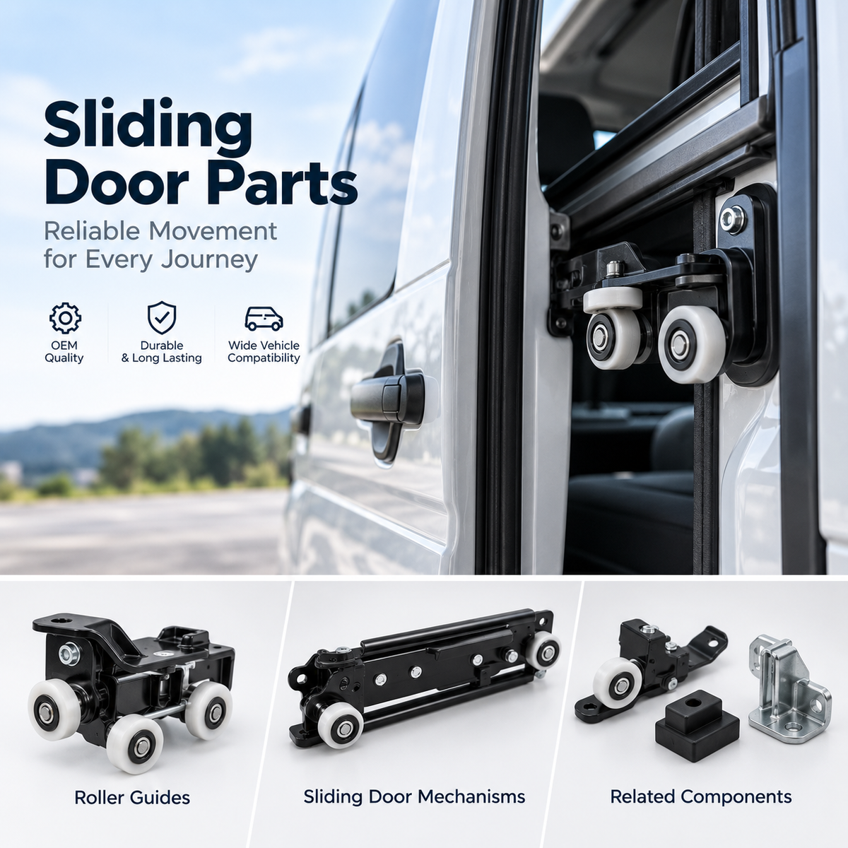 Replacement sliding door roller guide beside the open sliding door of a van.