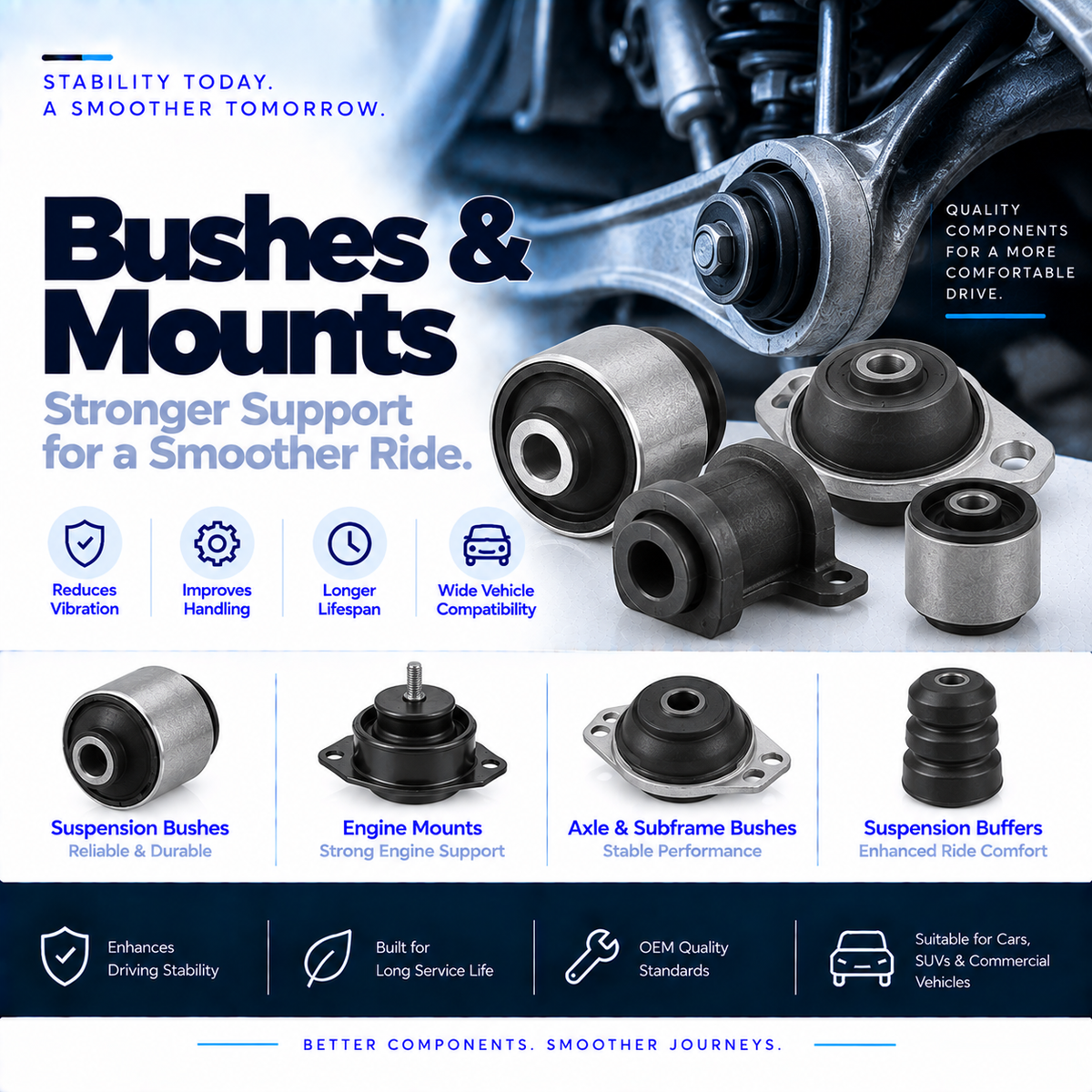 Automotive suspension bush and rubber bump stop beside a vehicle suspension assembly.