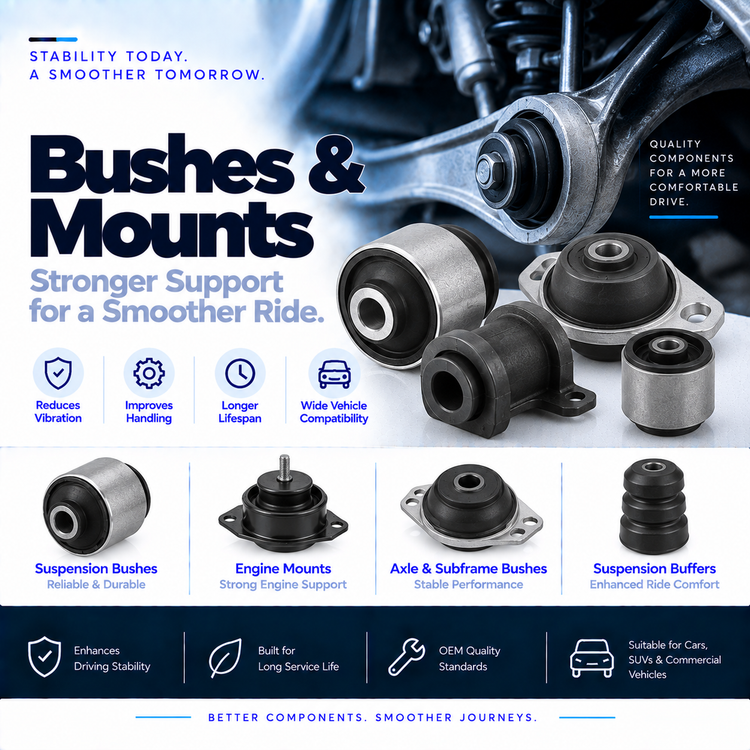 Automotive suspension bush and rubber bump stop beside a vehicle suspension assembly.