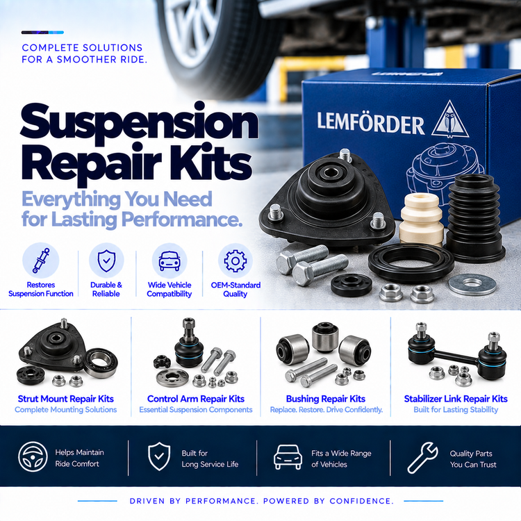 Automotive suspension repair kits with wheel suspension and strut mount components