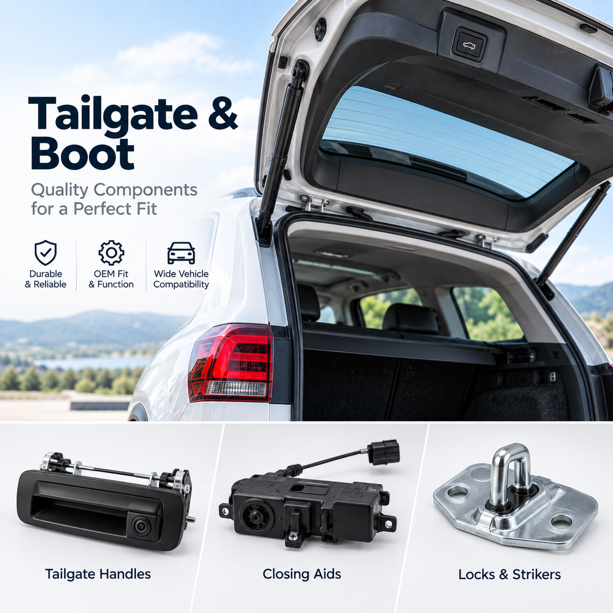 Replacement automotive tailgate handle and boot closing mechanism beside an open SUV tailgate.